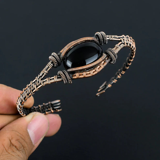 Unisex Black Onyx Bracelet Copper Wire Wrapped Adjustable Cuff