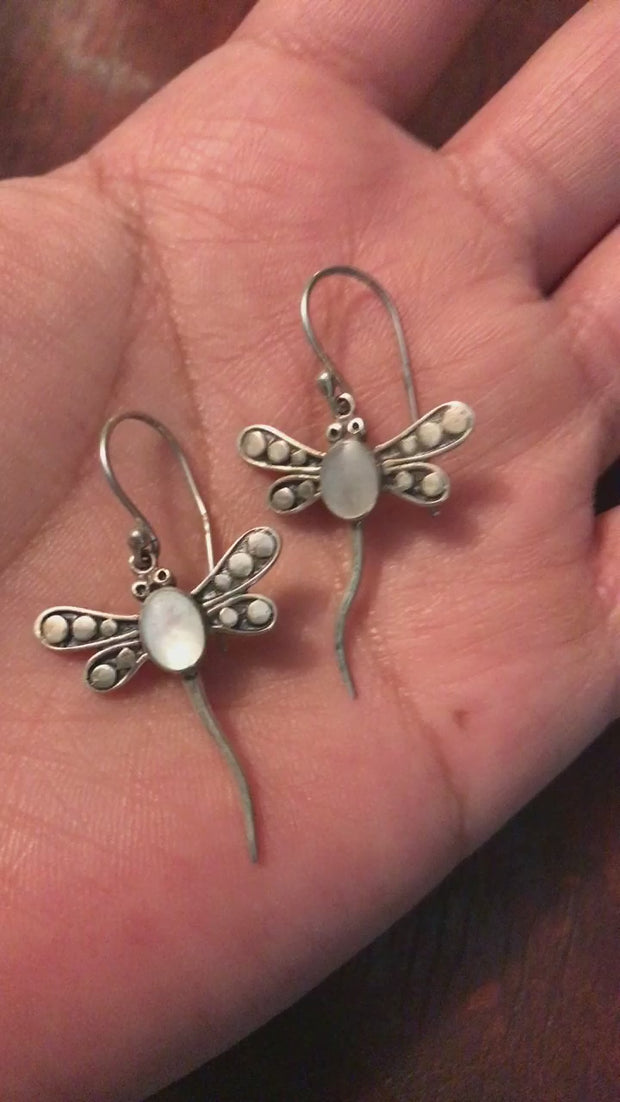 Sterling dragonfly mother of pearl dangle earrings
