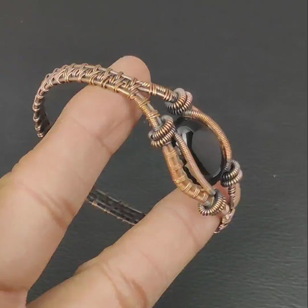 Unisex Black Onyx Bracelet Copper Wire Wrapped Adjustable Cuff
