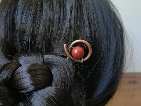 Red jasper hair stick, solid copper hair pin, hair accessory,