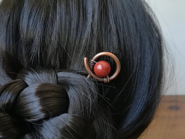 Red jasper hair stick, solid copper hair pin, hair accessory,