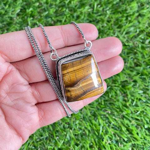 Artisan Made Tigers Eye Pendant Necklace 925 Sterling Silver Pendant